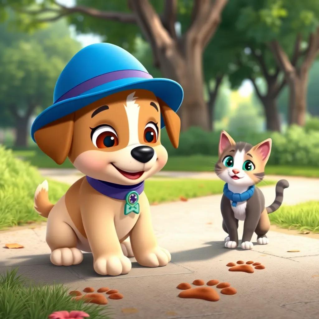 A cute puppy, Toby, wearing a blue detective hat, with a curious cat named Ramón, exploring a park, looking at strange paw prints on the ground, playful and adventurous vibe, cartoon style, bright colors, child-friendly, high quality
