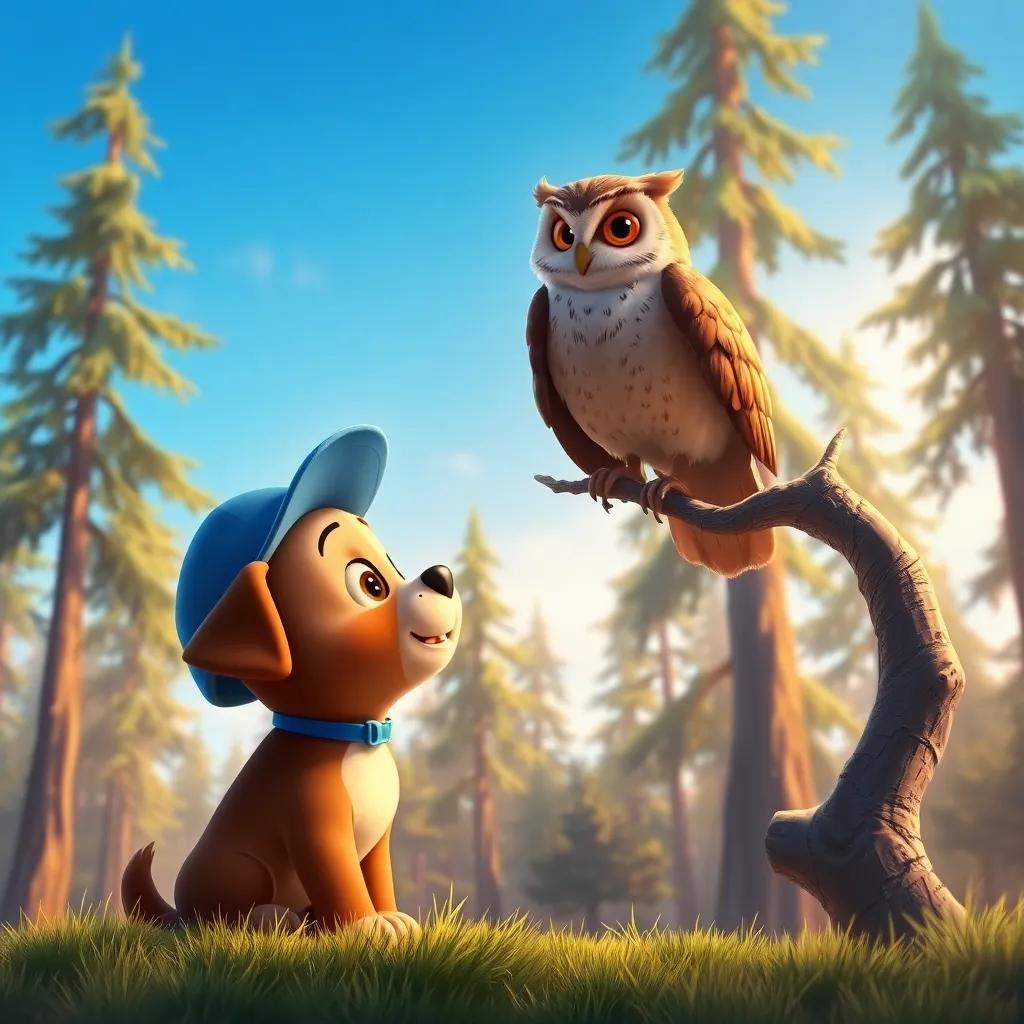 Toby, the little puppy wearing a blue hat, listening to a wise old owl perched on a branch, under a clear blue sky, with a backdrop of tall trees, warm light, magical and serene atmosphere, digital painting, highly detailed, enchanting story