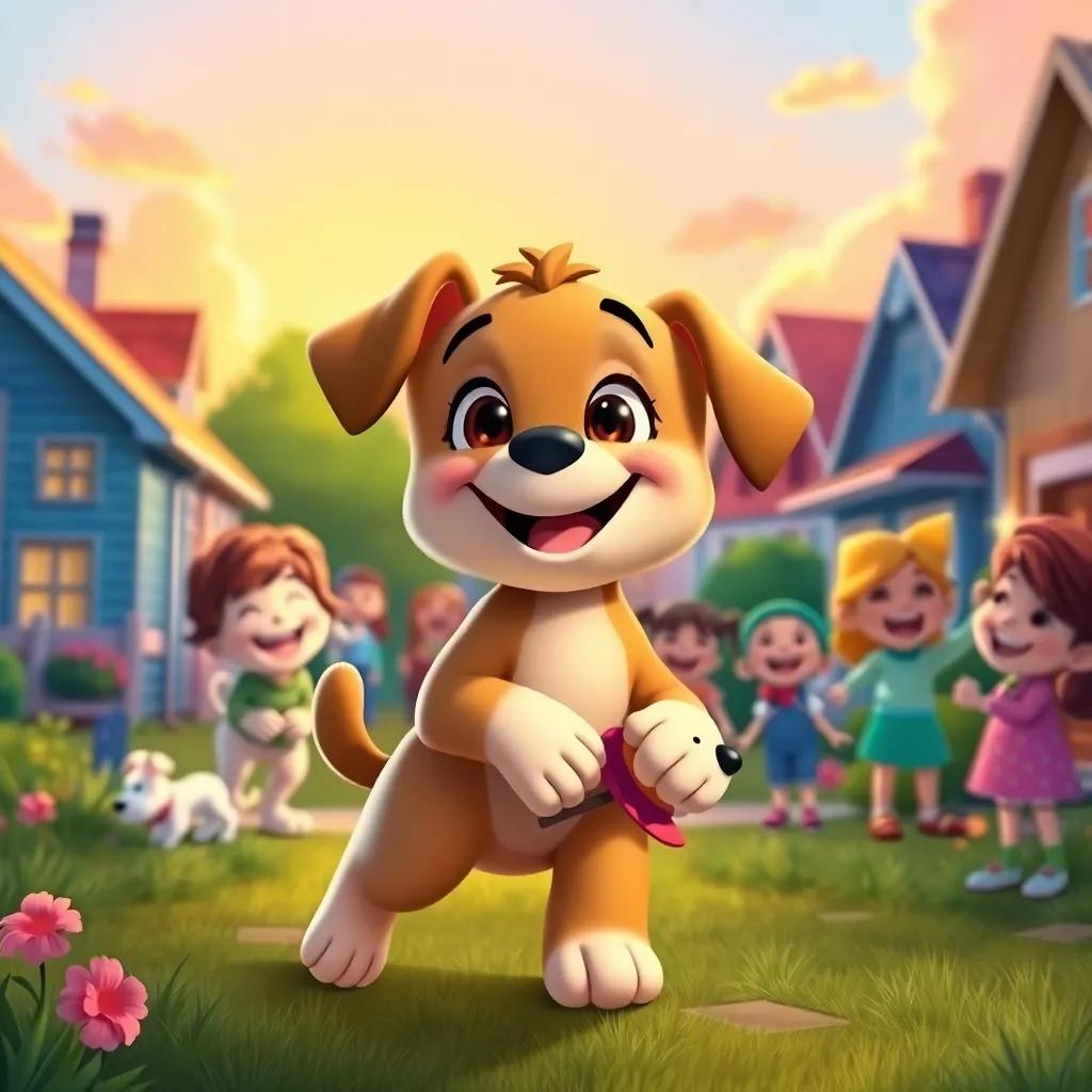Toby, the little puppy, happily returning home with a lost dog, surrounded by joyful friends in the neighborhood, with colorful houses in the background, bright sunset light, heartwarming scene, vibrant and lively, illustrative style, child-friendly