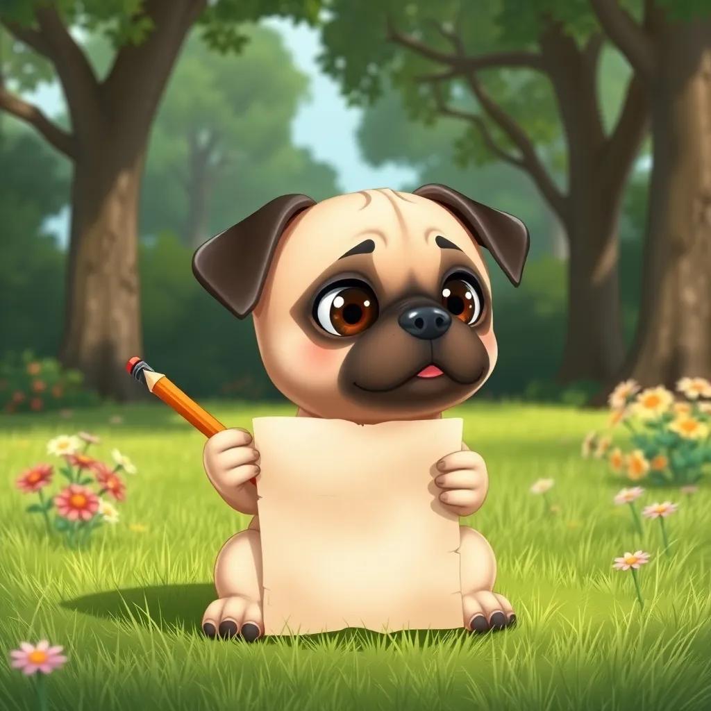 Max, a small beige pug dog, holding an old paper and pencil, with determination in his eyes, sitting on a green lawn surrounded by trees and flowers, illustration, whimsical style, engaging perspective, child-friendly