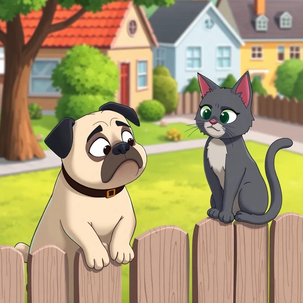 Max, the pug, talking to a gray cat sitting on a fence, both looking serious, with a neighborhood background, showing houses and gardens, friendly and colorful, detailed, cartoonish style