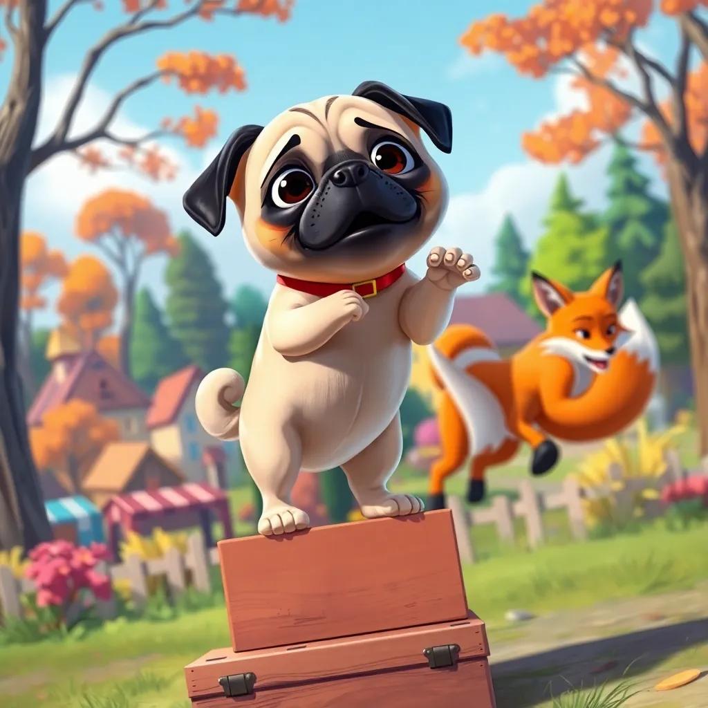 Max, the pug dog, bravely standing on a small box, barking at a sneaky orange fox in the background, with colorful trees and houses in the scene, digital painting, bright colors, dynamic action, imaginative view