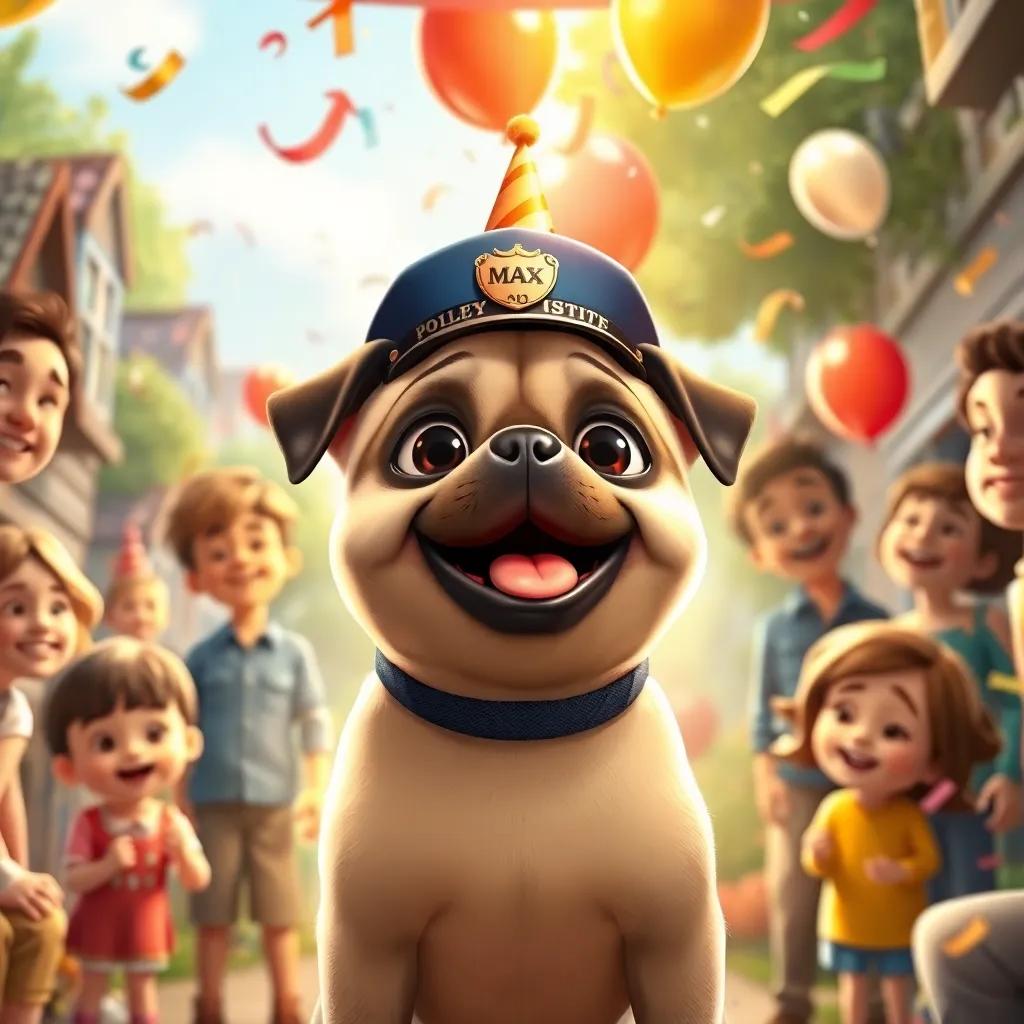 Max, the pug dog with a police hat, being celebrated by children and adults in the neighborhood, with balloons and confetti, showcasing joy and excitement, warm light, festive atmosphere, heartwarming scene