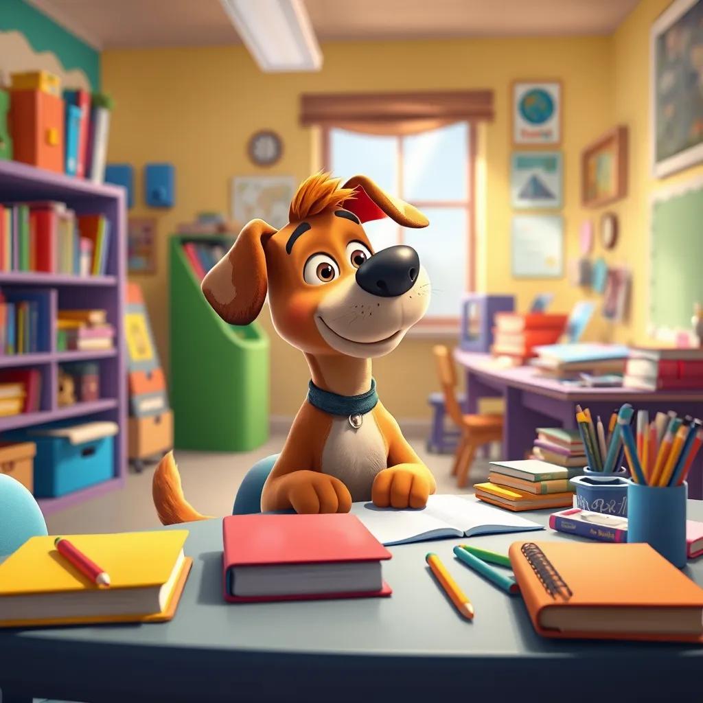 A brown dog named Max, sitting beside a boy at a study table filled with books and school supplies, bright and colorful room, digital art, cheerful atmosphere, high perspective, vibrant colors, child-friendly