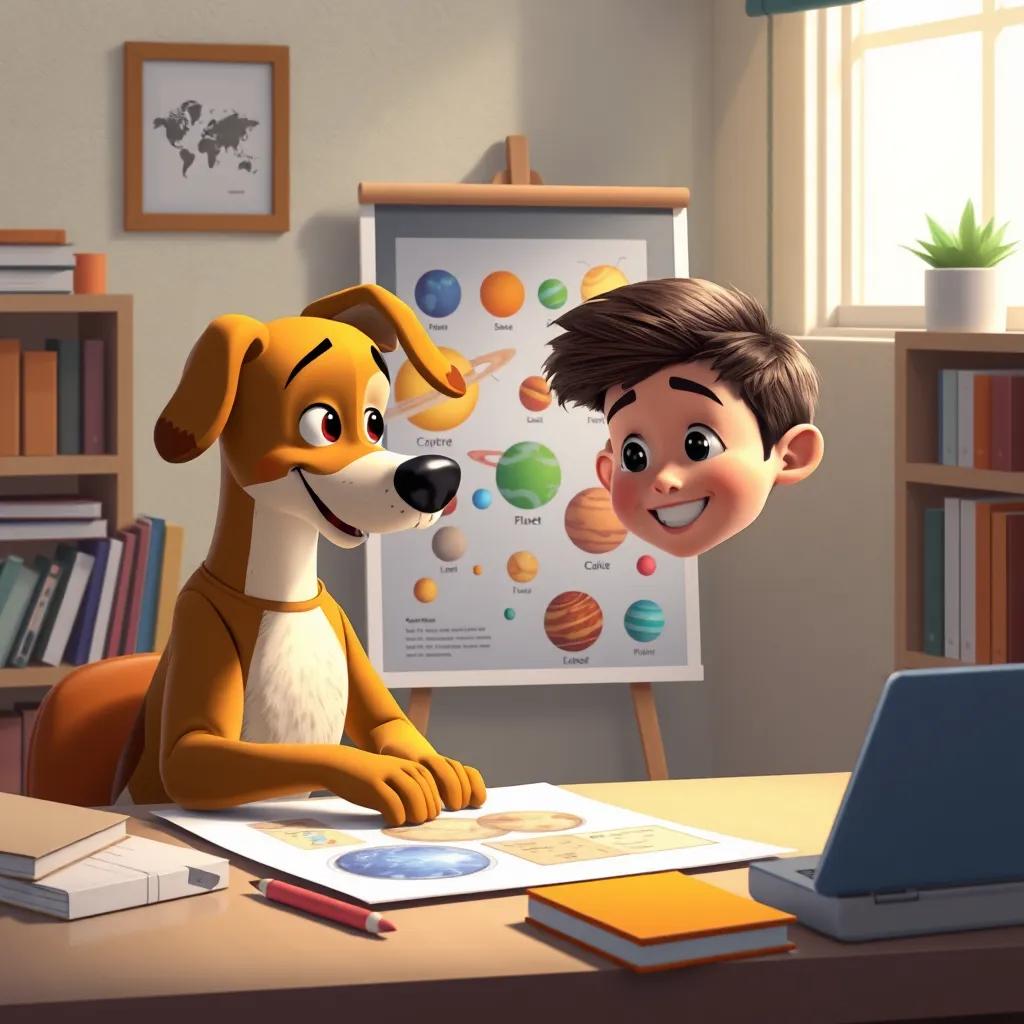 A boy and his dog working on a school project with colorful drawings of planets on a poster, both focused and happy, cozy study space, soft light, inviting atmosphere