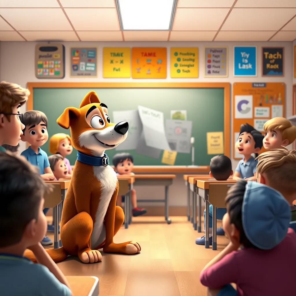 In a classroom, Max the dog sitting attentively next to Pablo while he presents a project, children around them looking amazed, dynamic scene, bright colors, inspirational