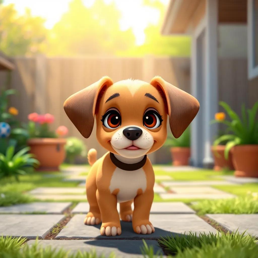 A small dog named Toby, a little brown puppy with big floppy ears, standing nervously in a sunny backyard, digital art, bright colors, cheerful atmosphere, high quality.