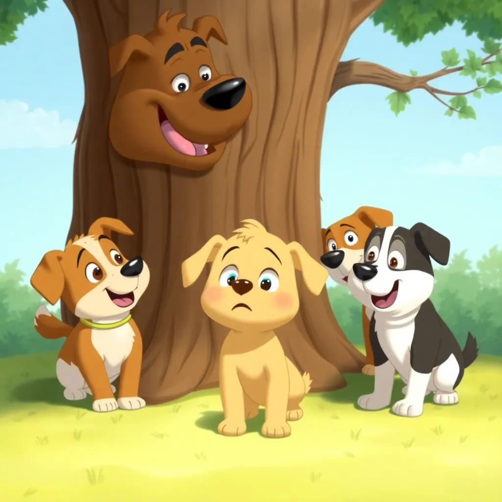 Toby the puppy looking at his larger friends, three big dogs playing around a tree, with a frightened expression, illustration, vibrant, engaging composition, child-friendly.