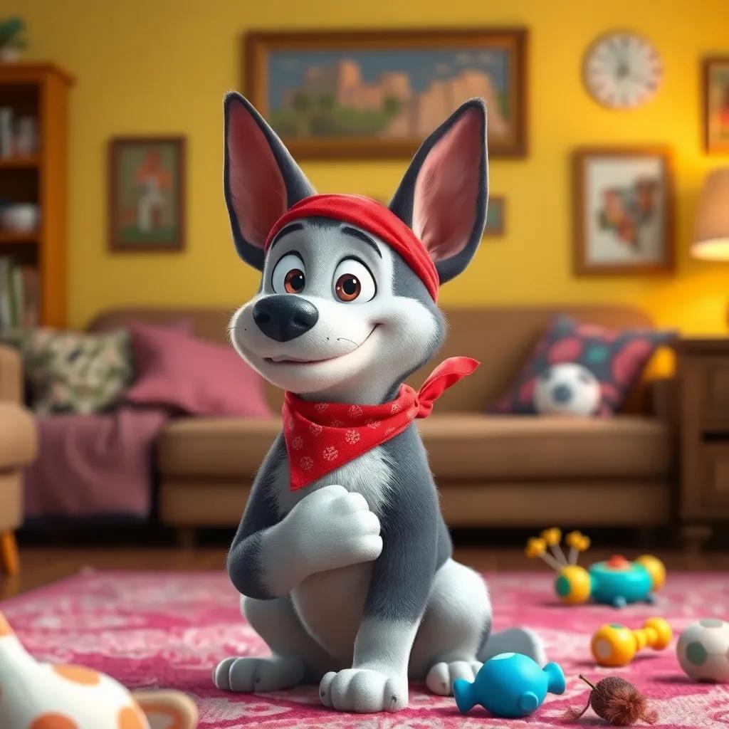 Toby, wearing a red bandana, looking at himself in the mirror, puffing his chest out bravely, in a cozy living room with dog toys, colorful, positive vibe, high detail.