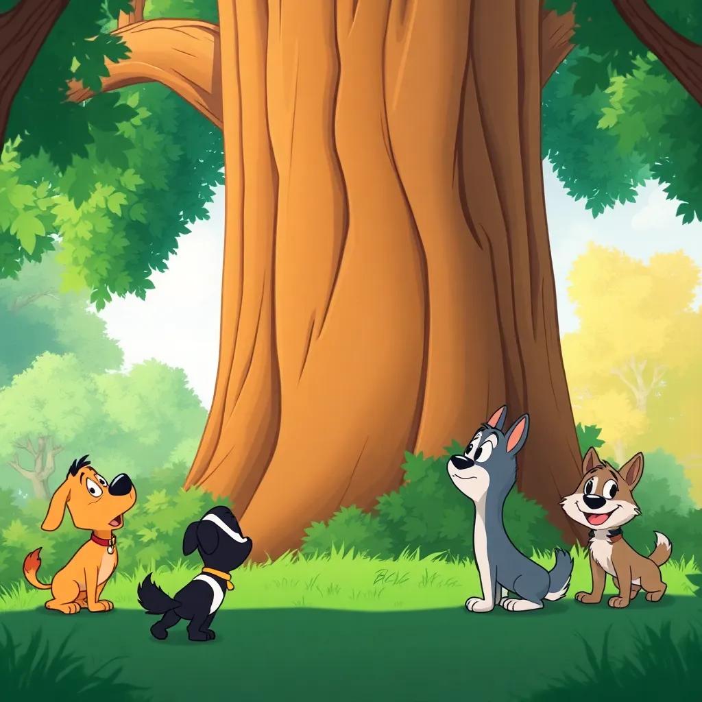 Toby approaching a tall tree with a worried look, his friends barking below, the tree lush and green, cartoon style, lighthearted, dynamic frame, cheerful.
