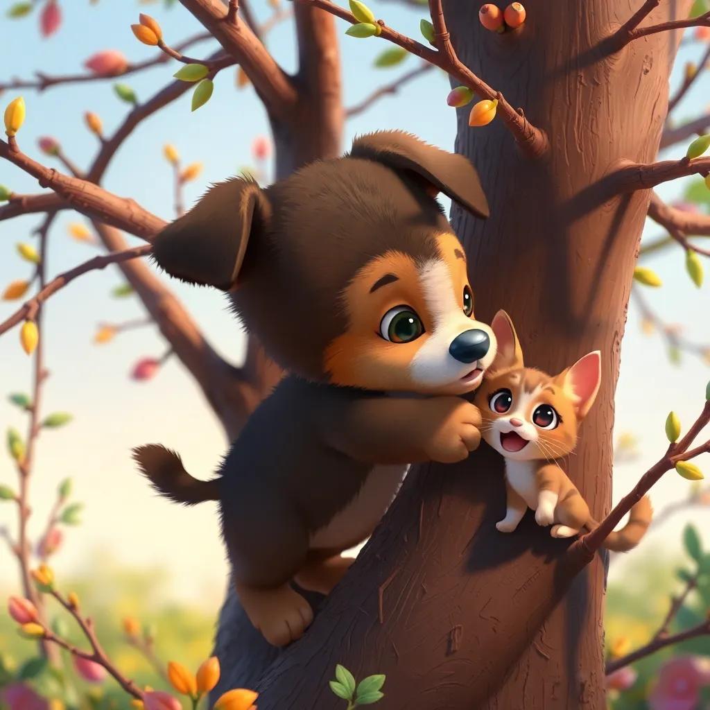 Toby the little puppy trembling but determined, climbing the tree with his small paws, the scene is filled with colorful branches and a surprised little cat, animated, lively characters, heartwarming.