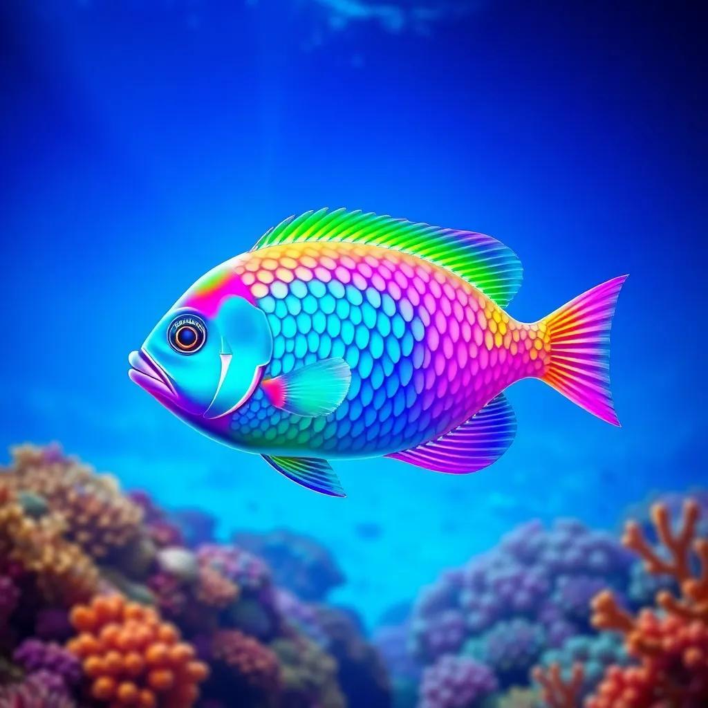 A rainbow fish swimming in a deep ocean, its scales shimmering in all the colors of the rainbow against a coral reef background, digital art, colorful, bright and cheerful atmosphere, high quality
