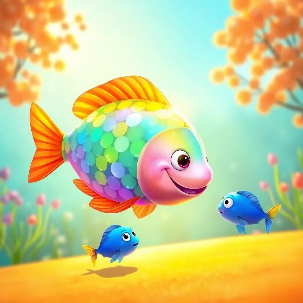 A bright morning scene with the rainbow fish basking under the sun, its scales reflecting sunlight, a small blue fish approaching curiously, lively and warm colors, cheerful