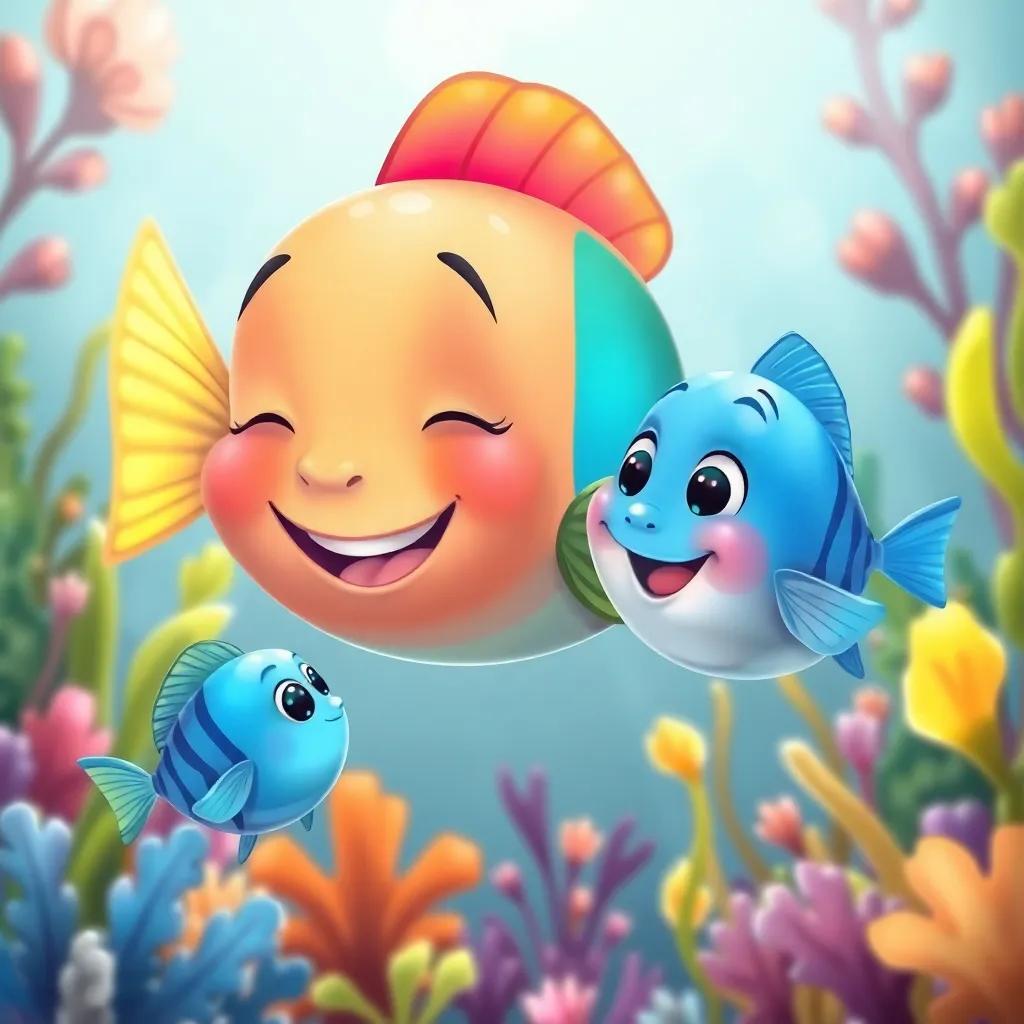 The rainbow fish smiling and sharing a story with a small blue fish beside it, both surrounded by colorful underwater plants, illustrated, friendly and inviting scene, vibrant colors