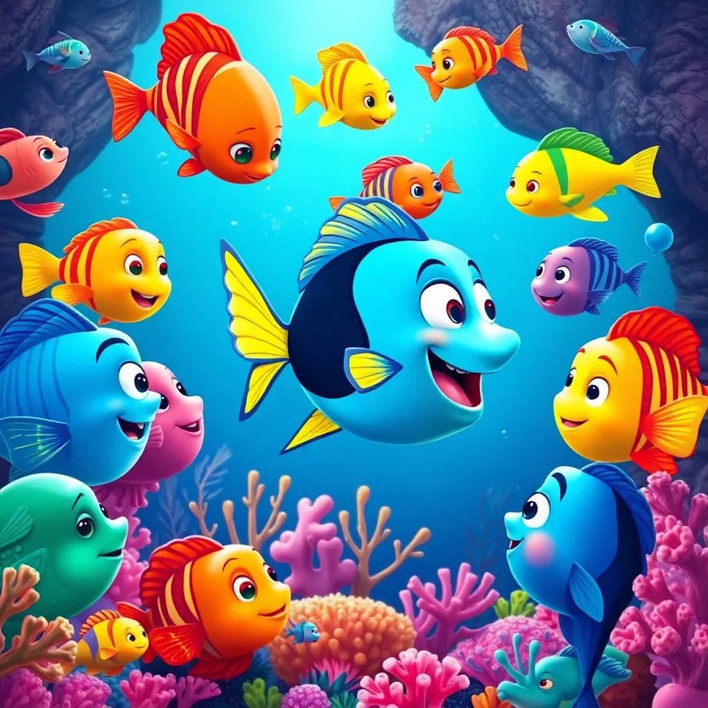 A gathering of various colorful fish listening happily to the rainbow fish's stories, with coral and underwater creatures around them, child-friendly, bright and engaging