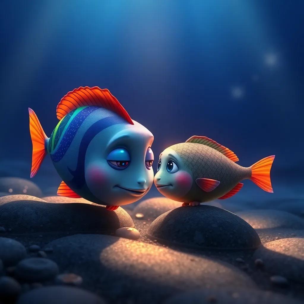 The rainbow fish comforting a sad gray fish at the shore, filled with warm light and soft shadows, depicting kindness and friendship, heartwarming atmosphere, rich colors