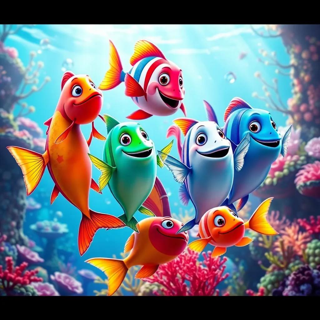 A group of colorful fish dancing together, showcasing their uniqueness, against the backdrop of a bright ocean filled with coral and plants, lively and festive atmosphere