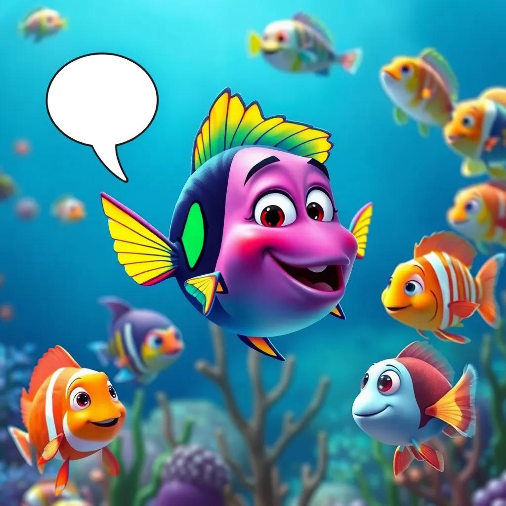 The rainbow fish speaking to a diverse group of fish, highlighting their unique features, vibrant underwater scene, child-friendly, inspirational