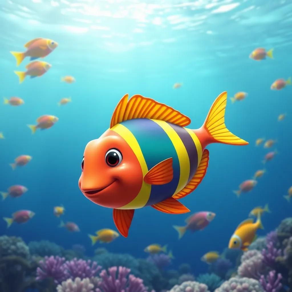 The rainbow fish continuing to swim in the open ocean, spreading its message of diversity, with colorful fish behind, showcasing the beauty of friendship, cheerful and uplifting scene