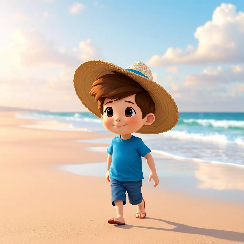 Un niño llamado Tomás, de unos 7 años, con cabello castaño, usando una camiseta azul y pantalones cortos, caminando por la playa con su sombrero, vista del mar y la arena dorada, digital art, colorido, alegre, enfoque nítido