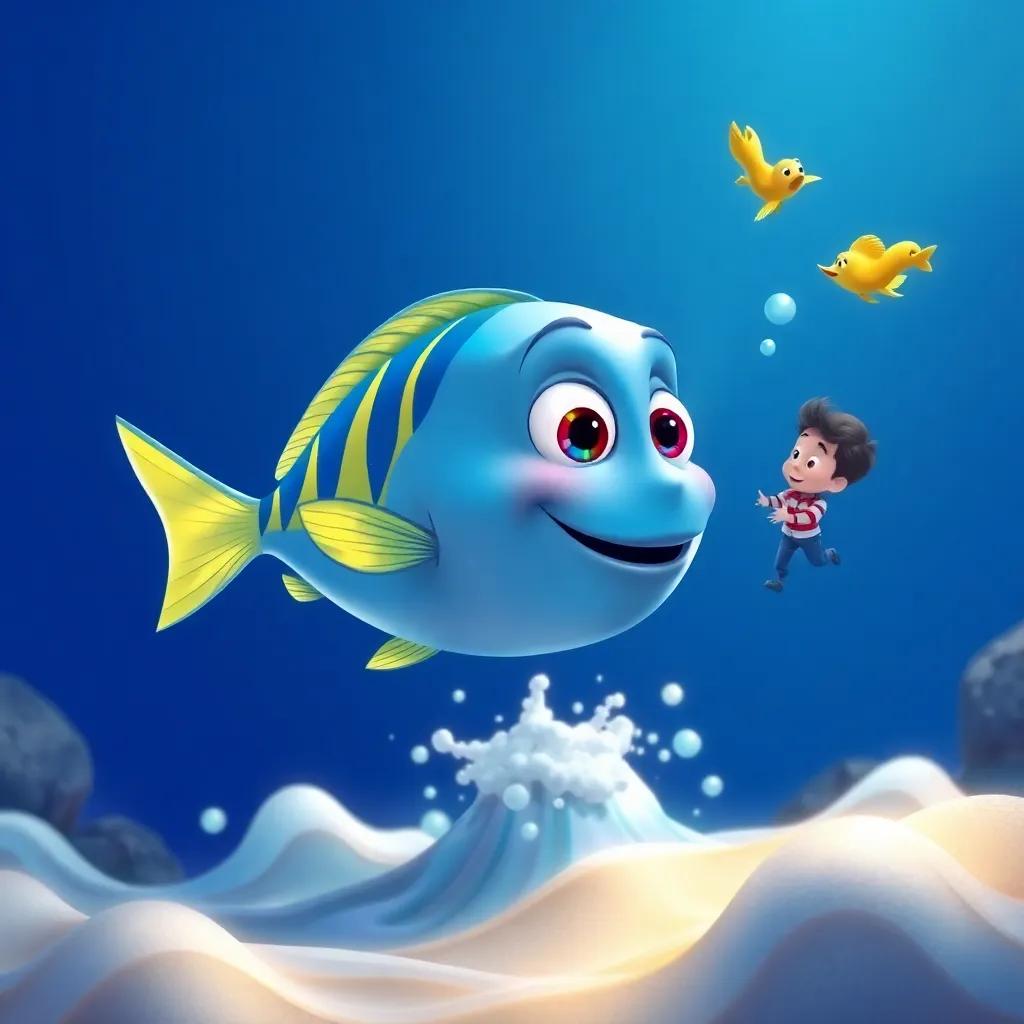 Un pez dorado, con escamas brillantes y ojos grandes, saltando del agua y hablando con Tomás, fondo azul del océano con espuma de olas y caracoles, ilustración infantil, animada, cálida