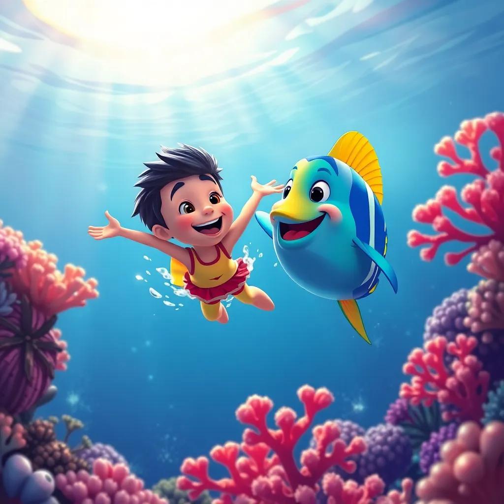 Tomás y el pez dorado nadando juntos entre coloridos corales y estrellas de mar, mostrando alegría y amistad, luz del sol filtrándose en el agua, arte digital, vibrante