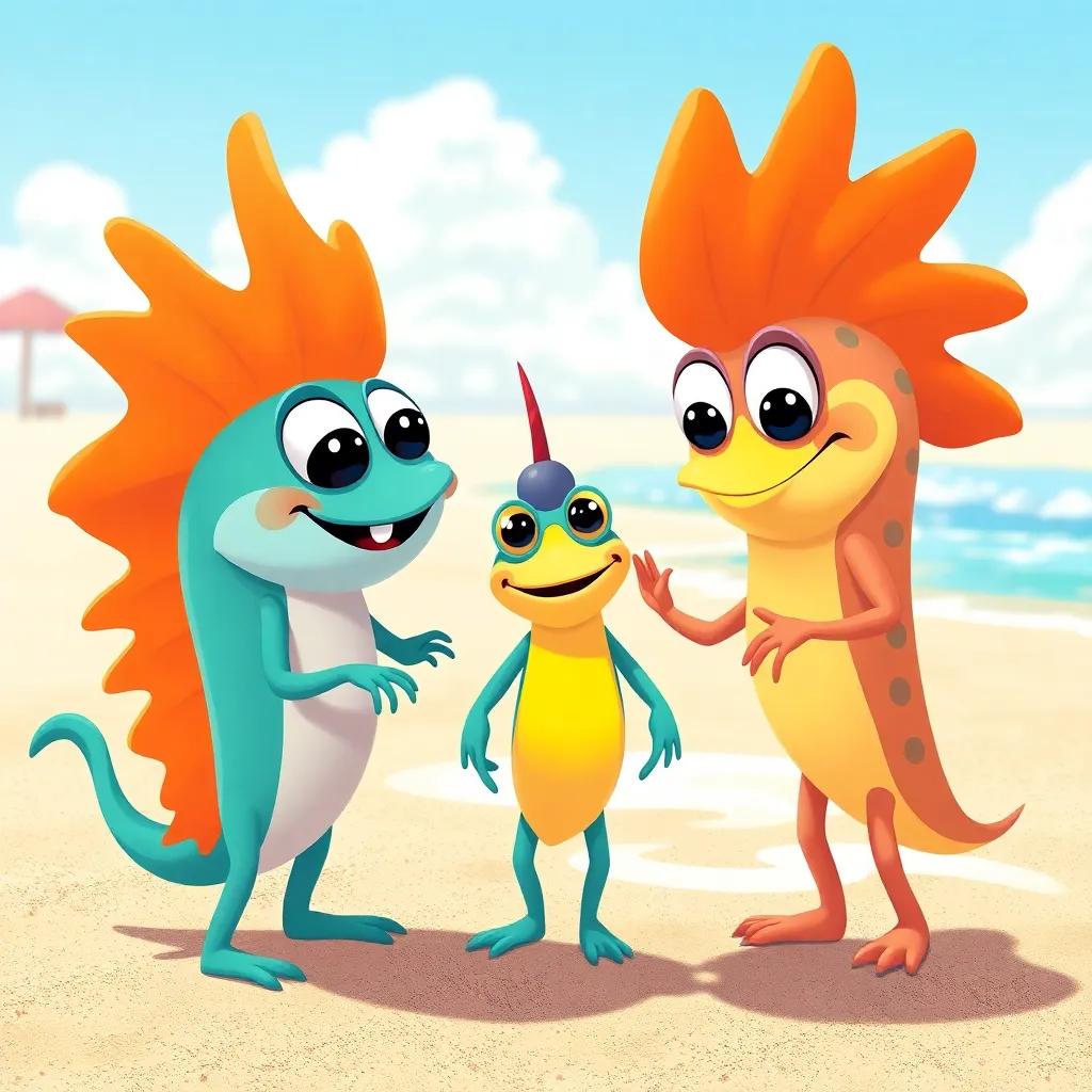 Un grupo de cangrejos, con pinzas grandes y colores variados, hablando con el pez dorado en la playa, siendo amistosos y amables, clima soleado, ilustración,colorida