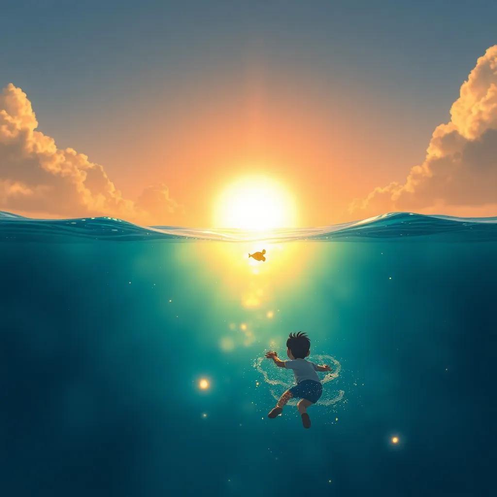 Una hermosa vista del arcoíris en el océano, con Tomás y el pez dorado nadando hacia él, el agua brillando con reflejos de luz, arte digital, mágica y alegre