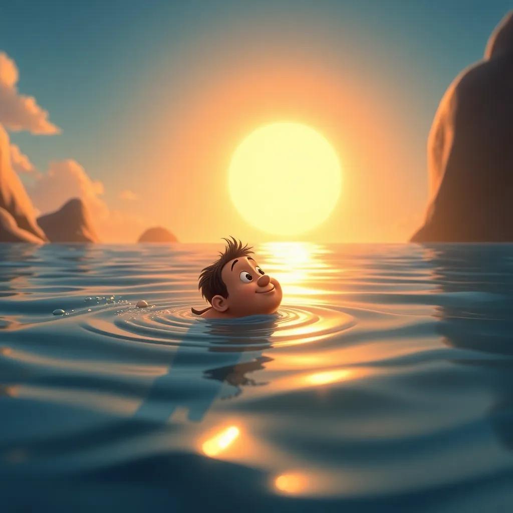 Tomás despidiéndose del pez dorado mientras este se zambulle en el agua, con la puesta de sol de fondo creando un ambiente nostálgico, ilustración, conmovedora