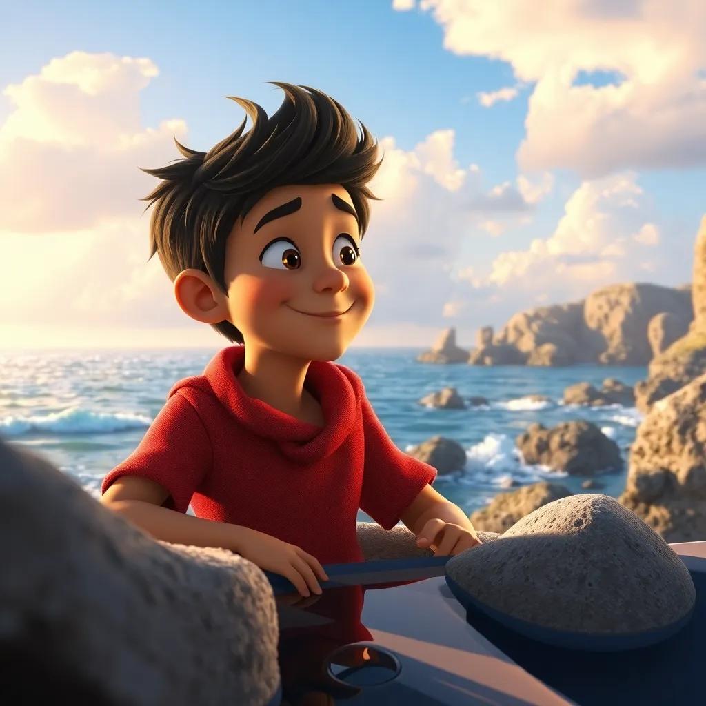 Tomás en la orilla, mirando al mar con una sonrisa en su rostro, recordando la aventura con el pez dorado, paisaje marítimo hermoso y sereno, digital art, emotivo