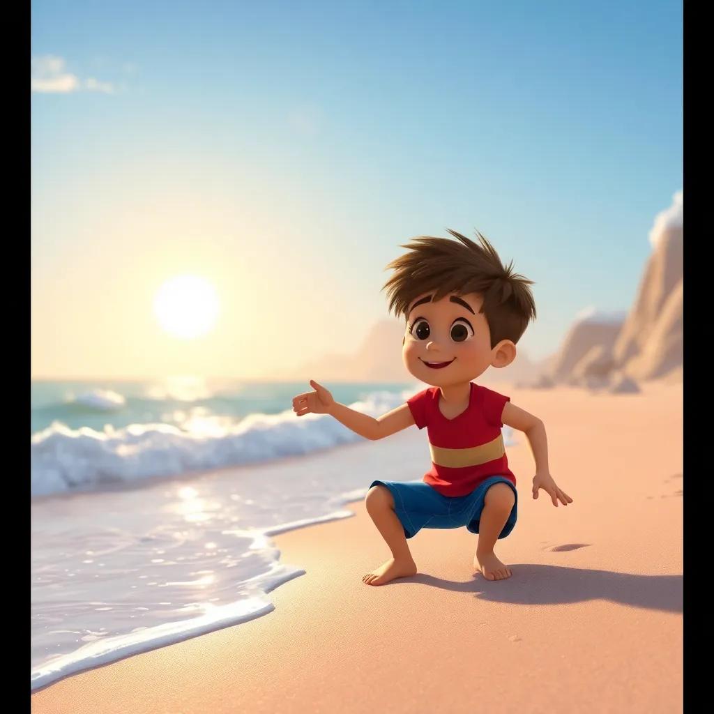 Tomás jugando en la playa después de su aventura, buscando caracoles y disfrutando del mar, luz dorada del sol iluminando la escena, arte digital, feliz y relajante