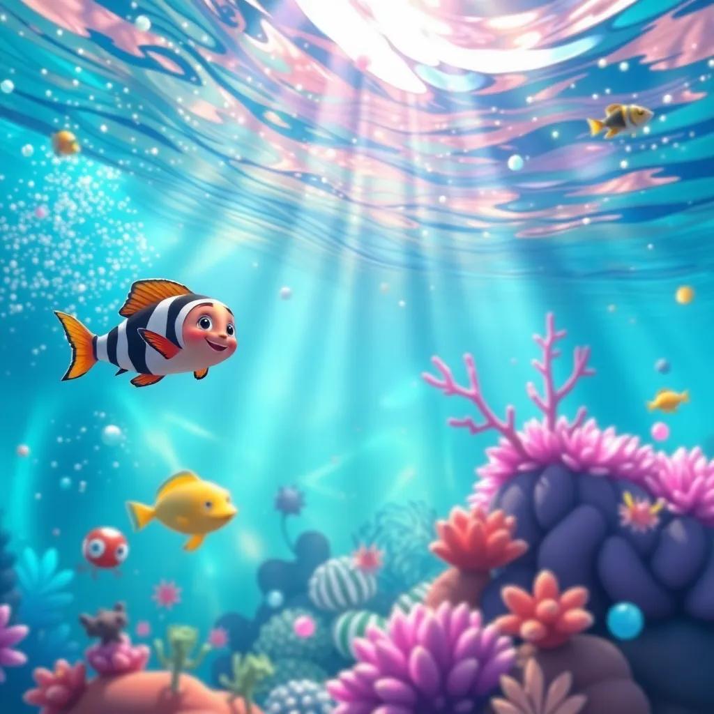 Una hermosa imagen del océano, lleno de colores y vida marina, transmitiendo alegría y felicidad, ilustración, vibrante y mágica