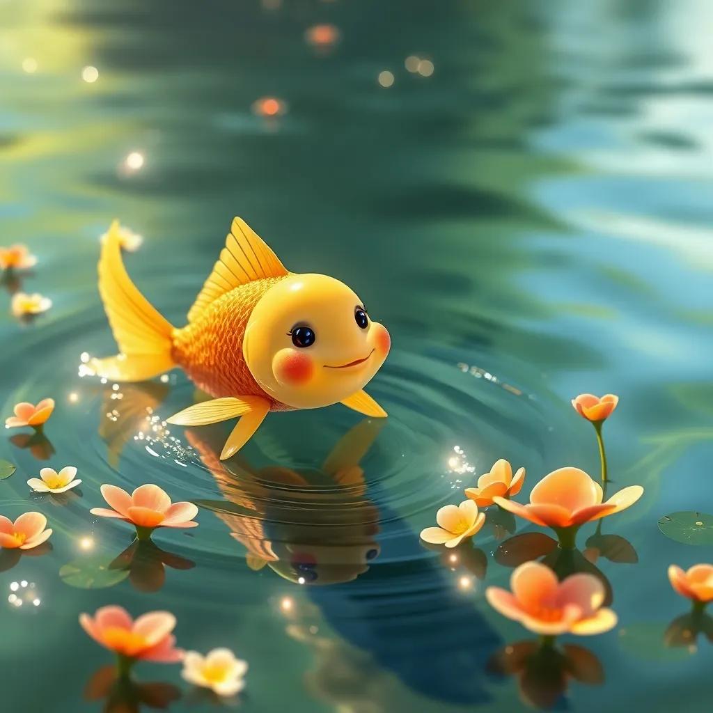 Un hermoso pez dorado nadando en un lago brillante, con escamas que reflejan el sol, rodeado de flores y plantas acuáticas, digital art, vibrante, alegre, cálido