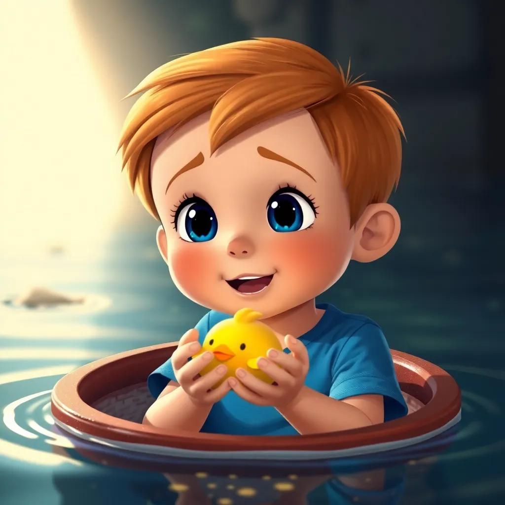 Un niño llamado Lucas con cabello castaño claro, usando una camiseta azul, sorprendido al ver al pez dorado en sus manos, sentado en un bote pequeño, ilustración, expresivo, mágico, lleno de colores, perspectiva cercana