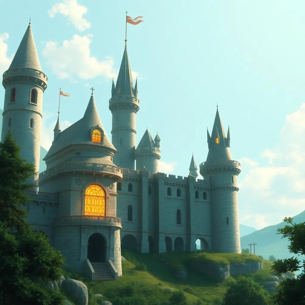 Un castillo grande y hermoso hecho de ladrillos dorados, con torres altas y ventanas brillantes, pero vacío por dentro, en un paisaje verde, ilustración, detallado, sorprendente, amistoso