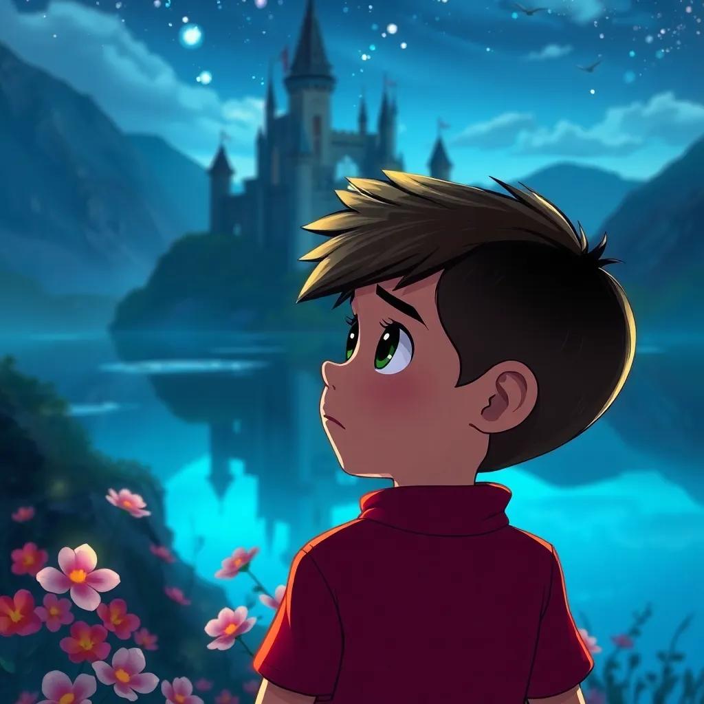 Lucas, con una expresión triste, mirando el castillo vacío y pensando, arnido de flores brillantes y un lago en el fondo, ilustración, melancólico, reflexivo