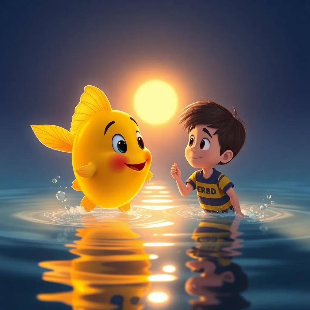 Un pez dorado nadando cerca de Lucas, que está pensando en un nuevo deseo, el sol brilla en el agua, ilustración, encantador, lleno de vida, luminosa