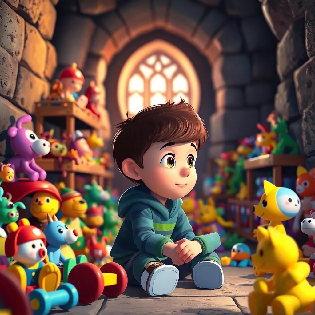 Muchos juguetes coloridos esparcidos en el castillo, pero Lucas se ve aburrido jouando mirando al fondo, ilustración, divertido, colorido, animado