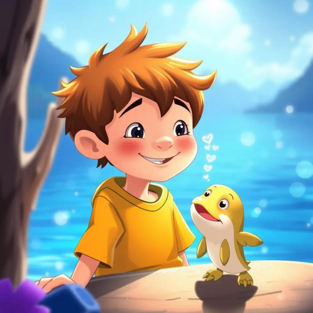 Lucas deseando tener amigos, rodeado de un fondo brillante del lago y el pez dorado sonriendo, ilustración, alegre, esperanzador, optimista
