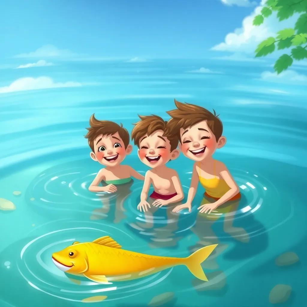 Un grupo de niños riendo y jugando juntos en el lago, el pez dorado nadando felizmente alrededor de ellos, ilustración, vibrante, lleno de alegría, calidez