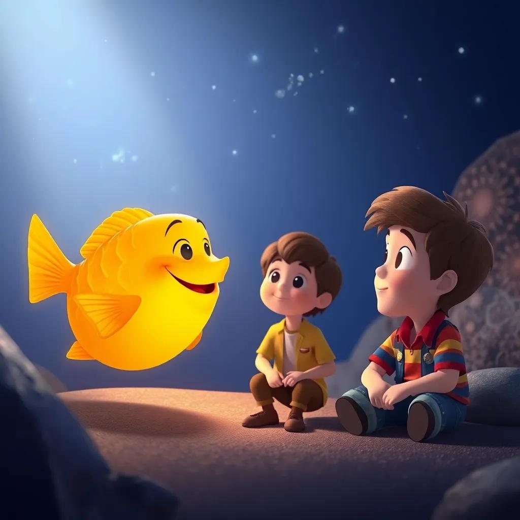 El pez dorado hablando con Lucas, con una luz suave iluminando la escena y un cielo estrellado detrás de ellos, ilustración, mágica, amigable, inspiradora