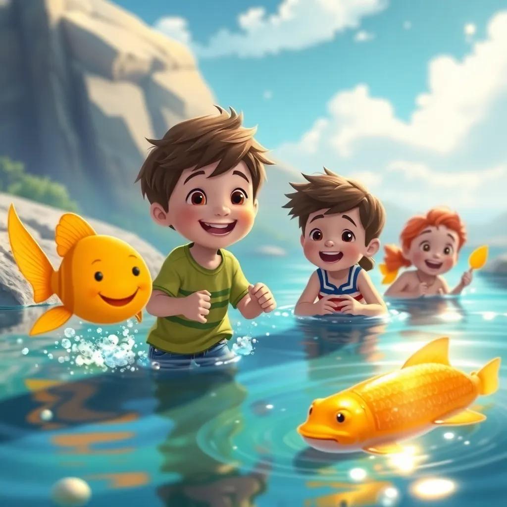 Lucas felizmente jugando con sus amigos alrededor del lago con el pez dorado en el agua cercana, ilustración, alegre, brillante, luminoso