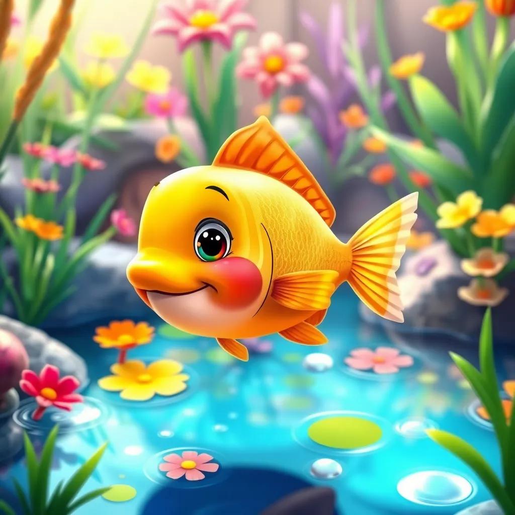 A small curious fish named Chiqui swimming in a colorful pond with bright plants and flowers, vibrant colors, cheerful atmosphere, detailed illustration