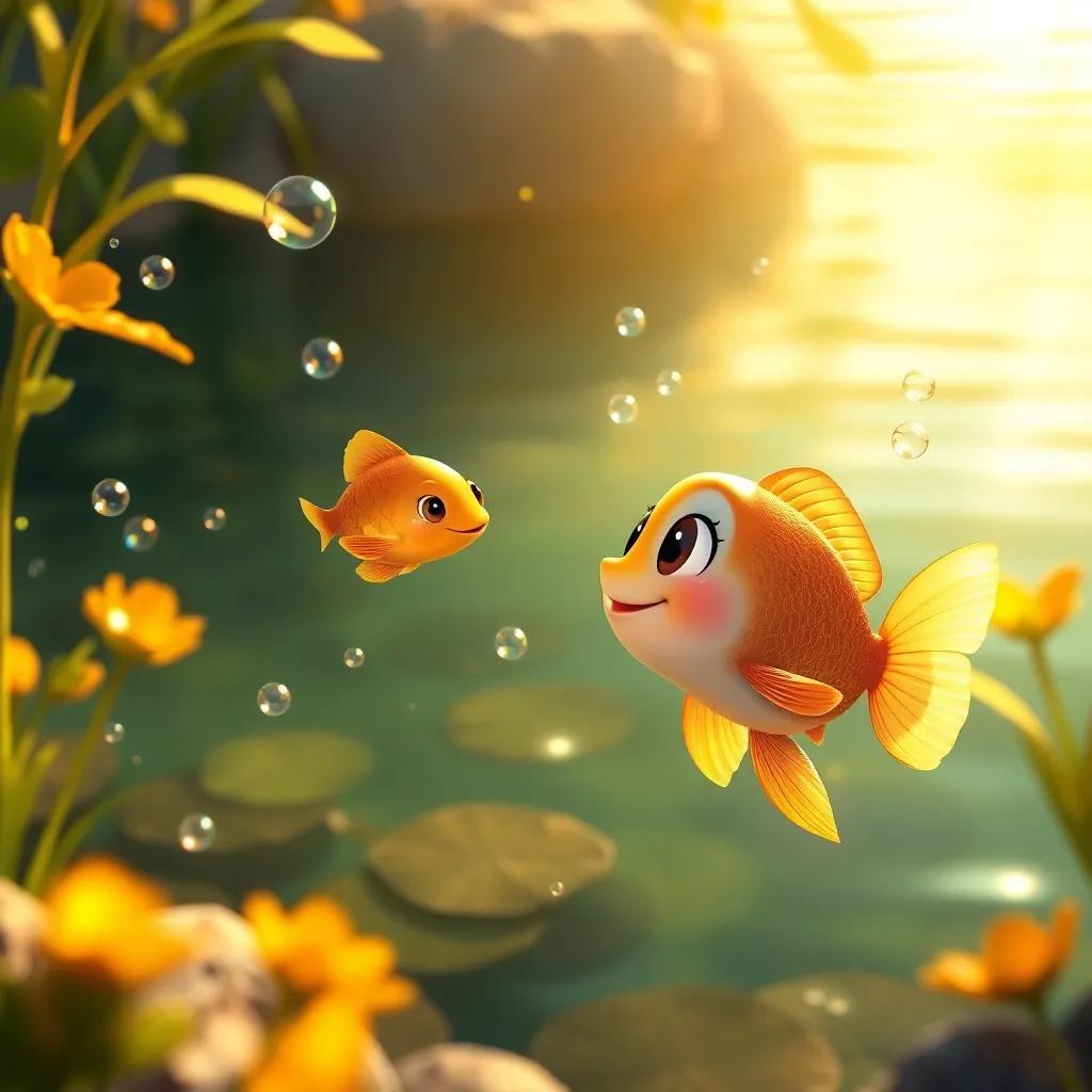 Chiqui the small fish talking to a golden fish in the pond, bubbles around them, warm sunlight filtering through the water, friendly vibe, colorful imagery