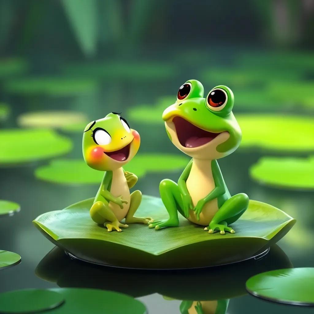 Chiqui meeting Rita the frog sitting on a lily pad, bright green colors, joyful expression, playful scene, digital art, whimsical atmosphere