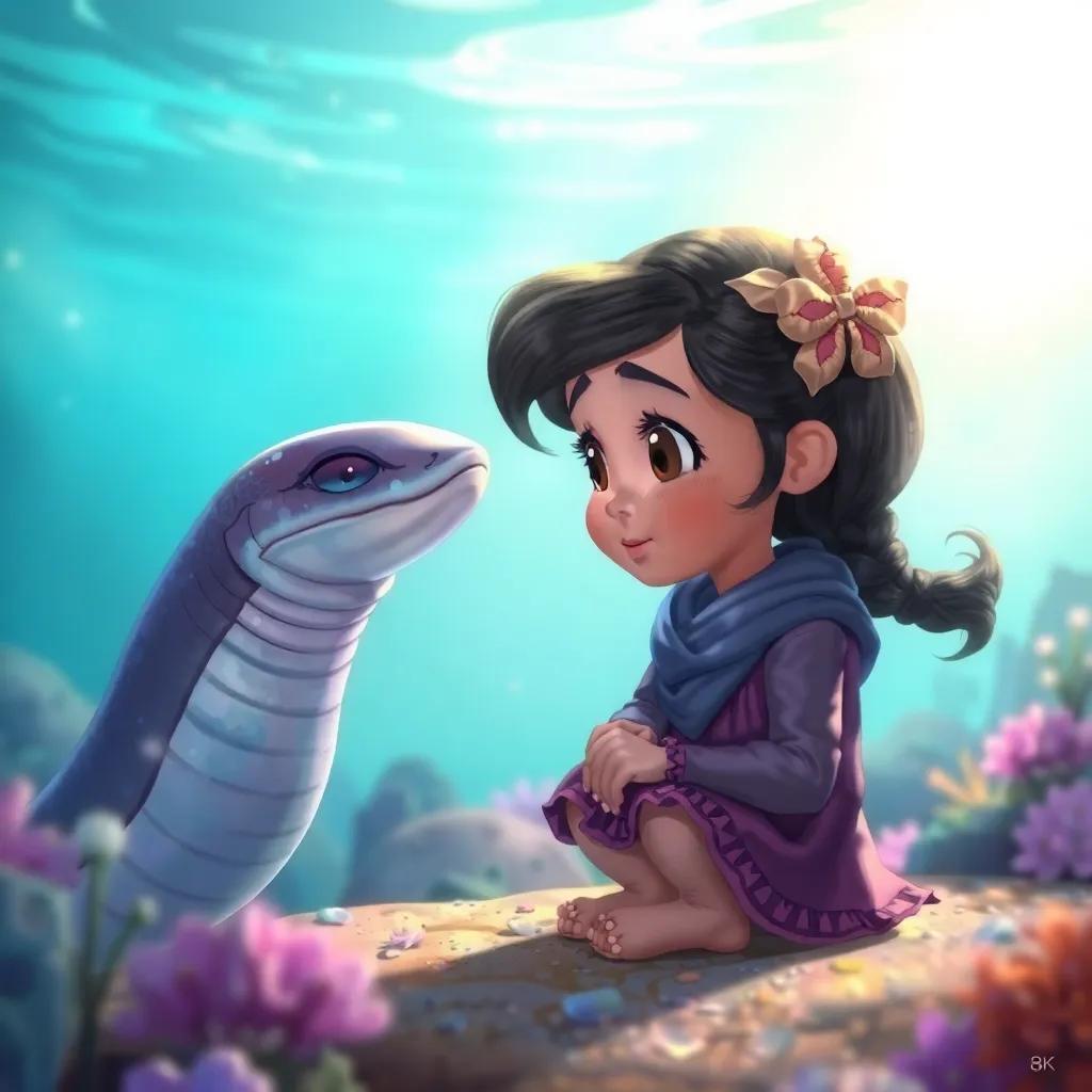 Chiqui encountering an eel with a wise expression, a soft glow around them, peaceful underwater setting, colorful landscape, detailed digital illustration