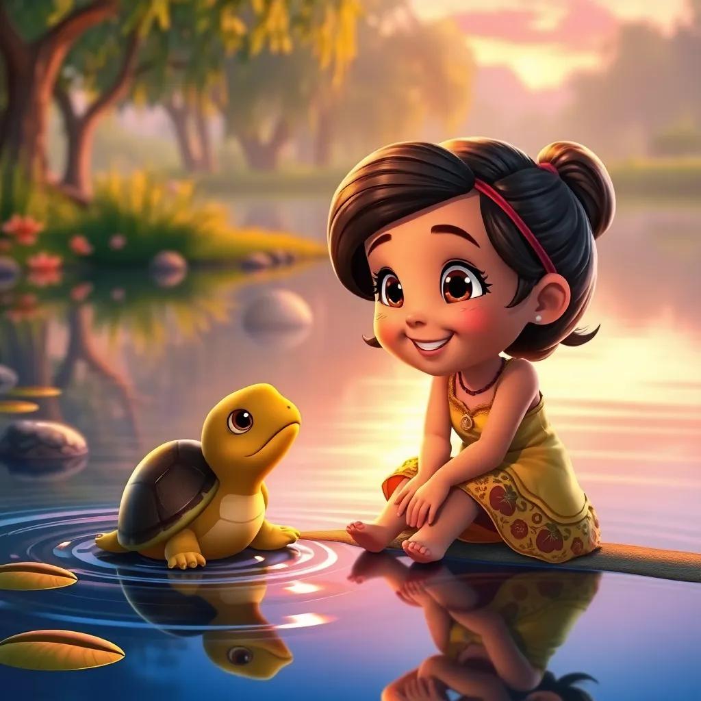Chiqui talking to a turtle by the pond's edge, with a friendly smile, warm colors of sunset, calm water reflections, beautiful environment, charming scene