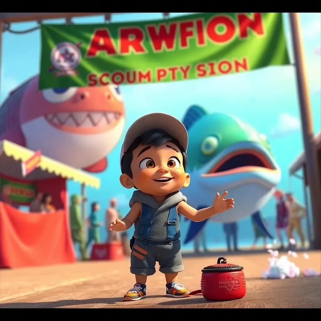 Chiqui preparing for a race with big fish in the background, excitement in his eyes, colorful competition banner, warm colors, energetic scenery, lively artwork