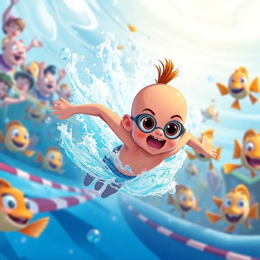 Chiqui swimming swiftly during the race, bubbles flowing behind him, focus and determination, vibrant illustration with cheering fish in the background, dynamic energy