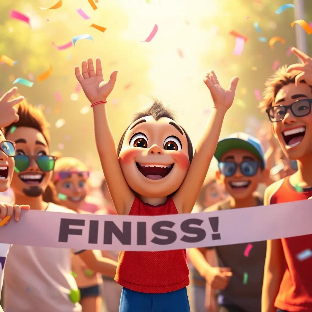 Chiqui celebrating at the finish line, surrounded by his friends, joyful expressions, colorful confetti in the air, warm light, bright and cheerful scene